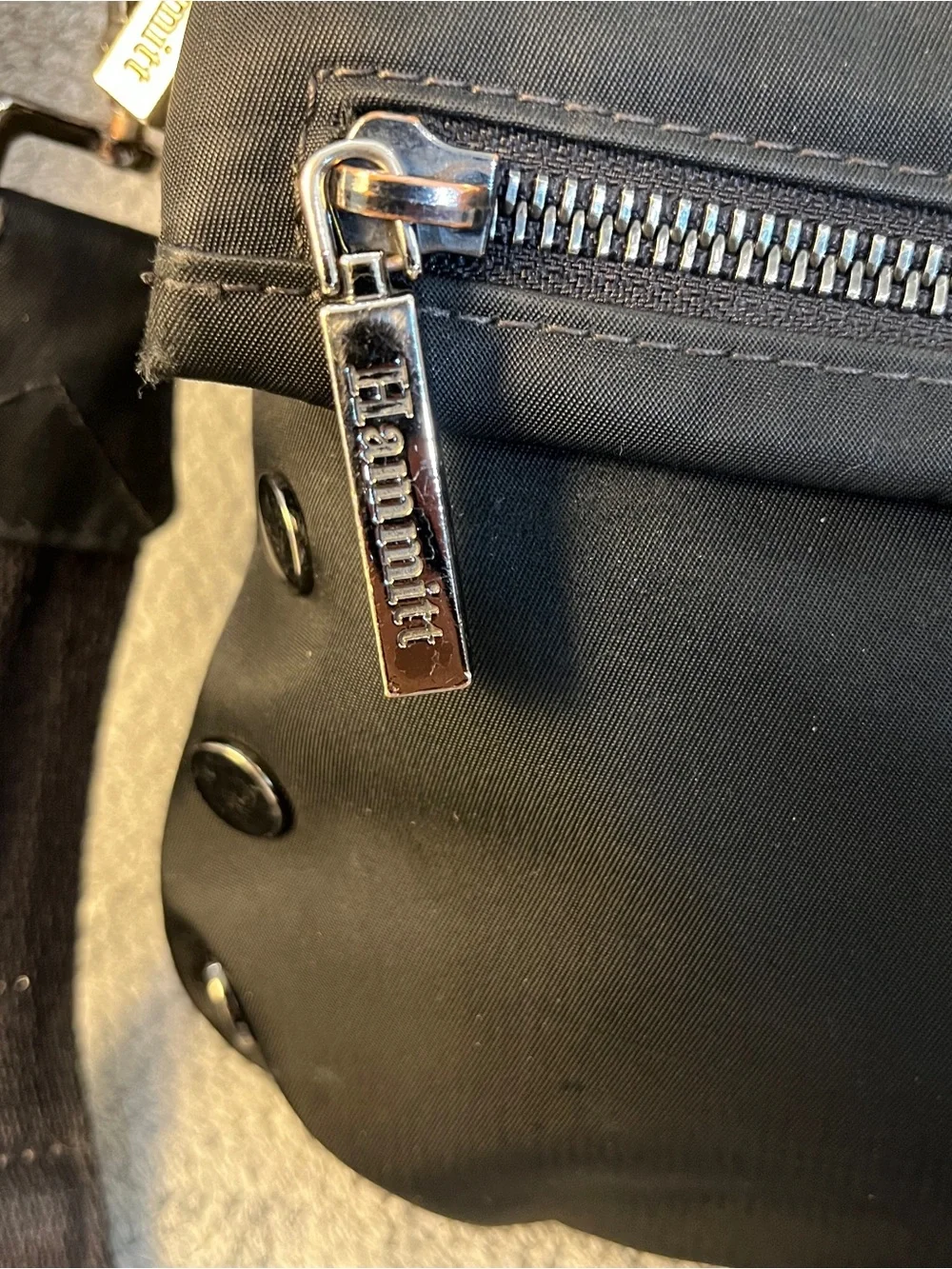 Hammitt Black Nylon Magnetic Foldover Crossbody Bag with Metal Rivets studs